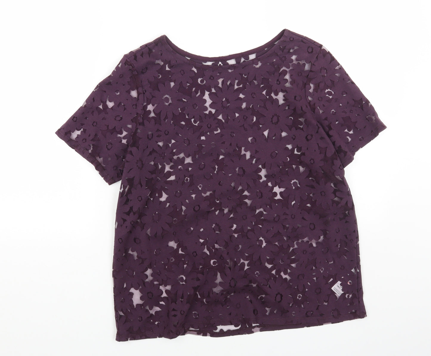 Preworn Womens Purple Floral Cotton Basic T-Shirt Size 12 Boat Neck