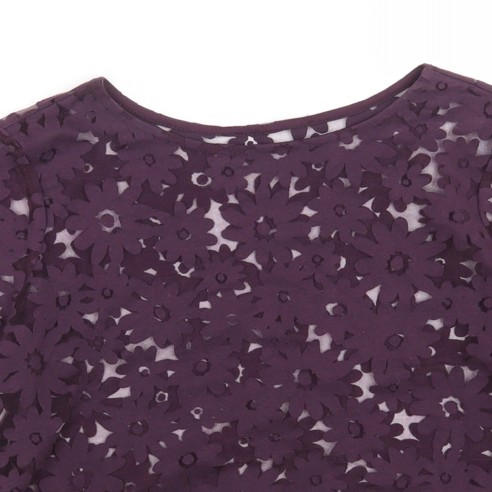 Preworn Womens Purple Floral Cotton Basic T-Shirt Size 12 Boat Neck