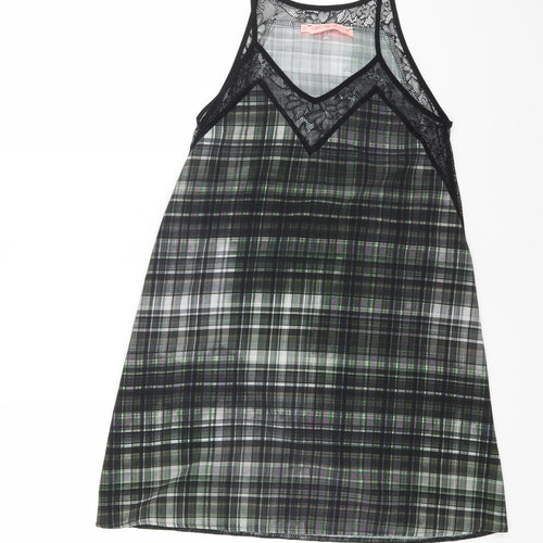 Preworn Womens Grey Check Polyester Slip Dress Size XS V-Neck Pullover - Lace Detail
