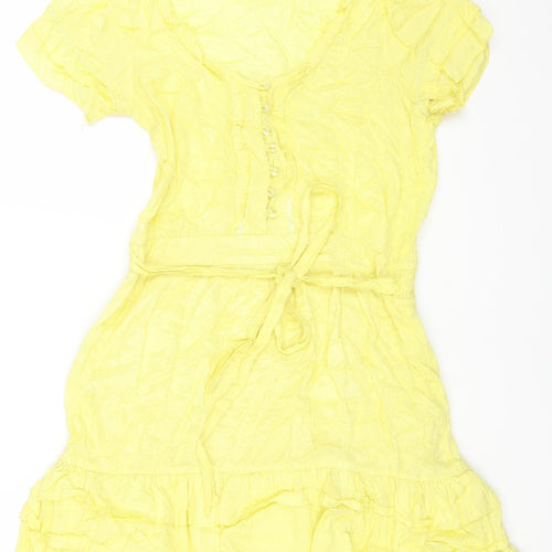 Miss Selfridge Womens Yellow Viscose Fit & Flare Size 12 Scoop Neck Button