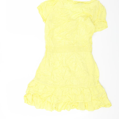 Miss Selfridge Womens Yellow Viscose Fit & Flare Size 12 Scoop Neck Button
