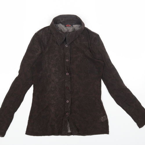 TZAR Womens Brown Geometric Nylon Basic Button-Up Size S Collared - Size S/M
