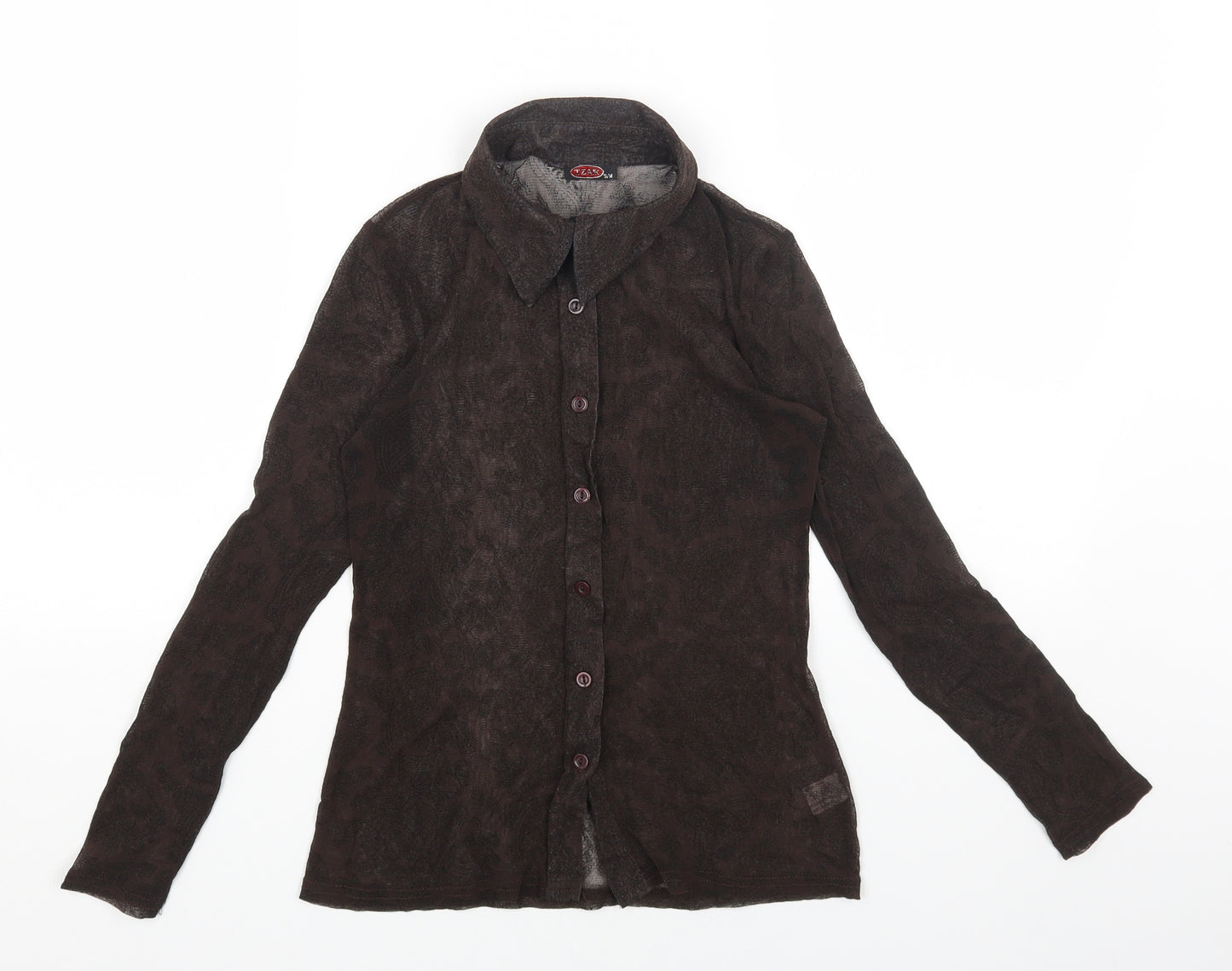 TZAR Womens Brown Geometric Nylon Basic Button-Up Size S Collared - Size S/M