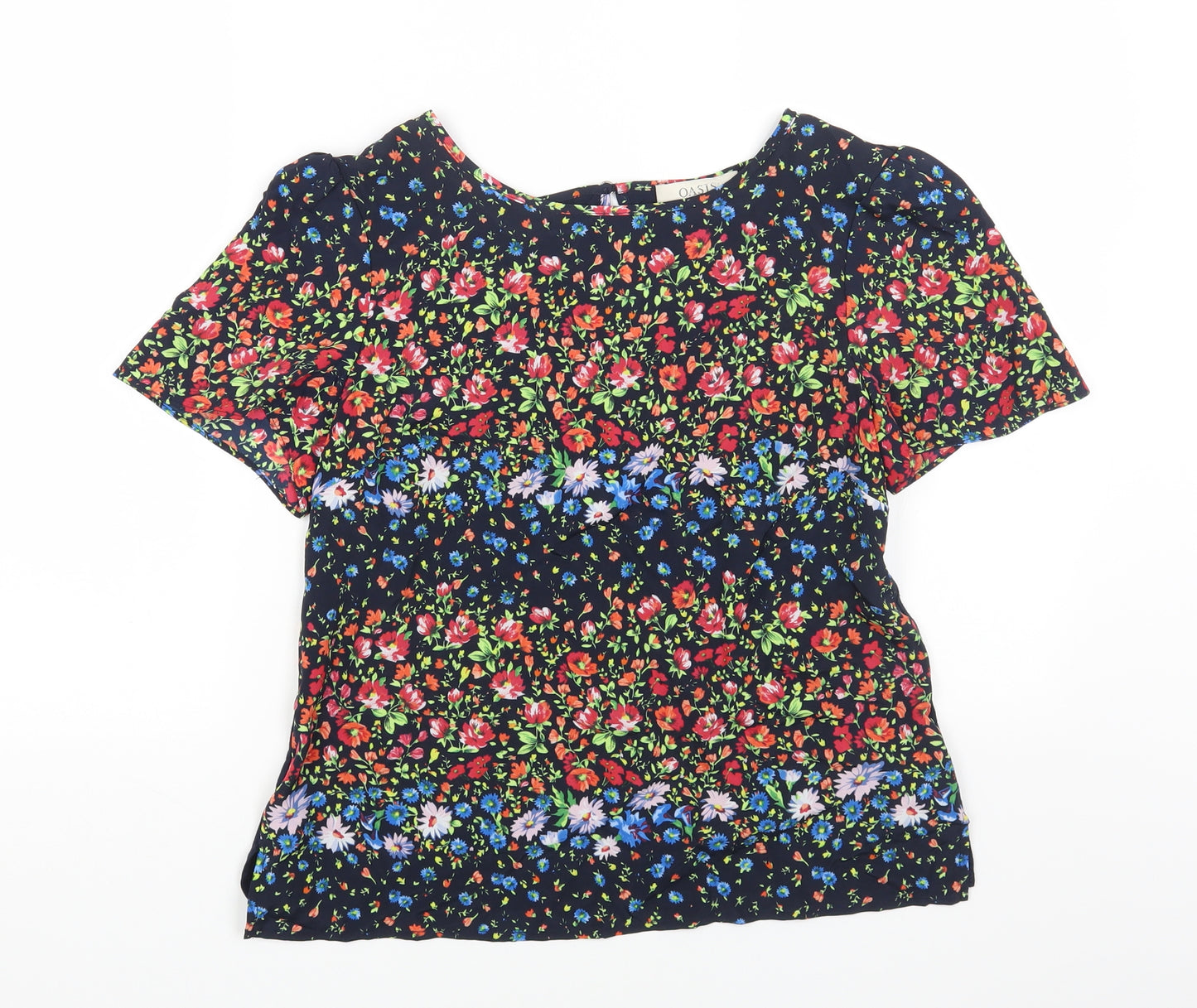 Oasis Womens Blue Floral Polyester Basic T-Shirt Size S Round Neck