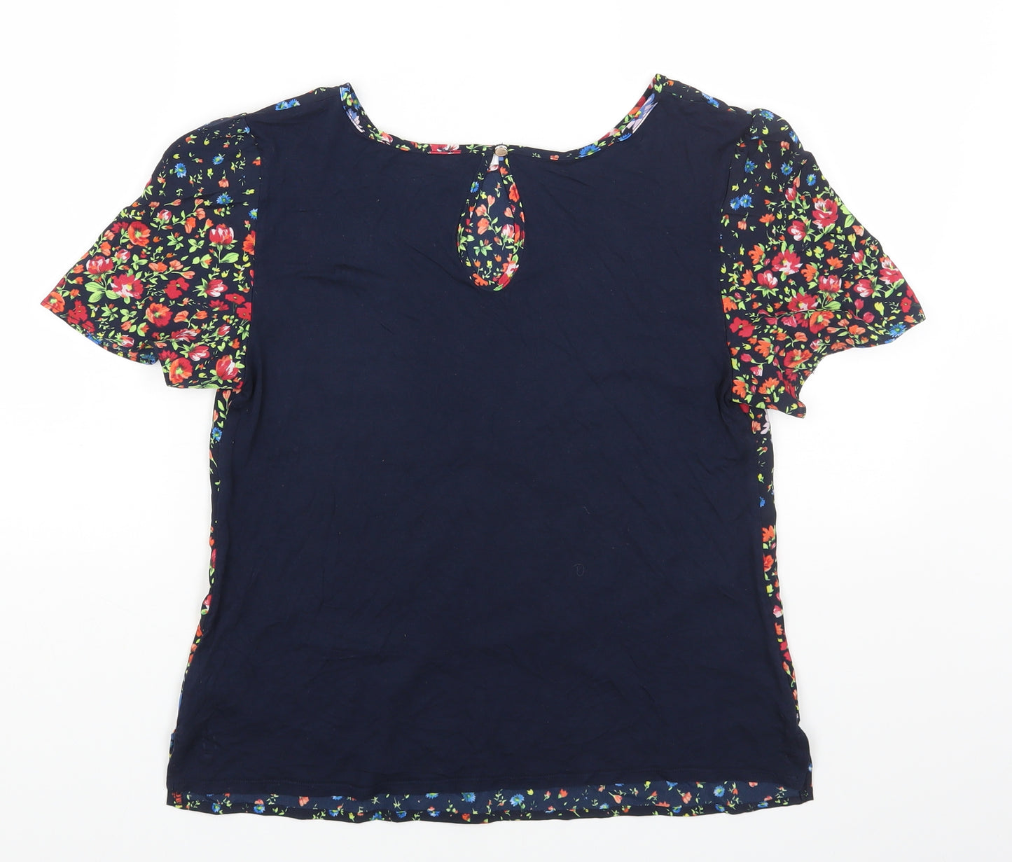 Oasis Womens Blue Floral Polyester Basic T-Shirt Size S Round Neck