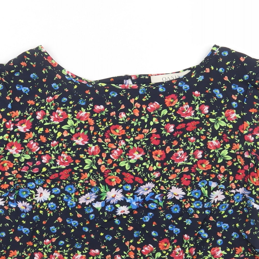 Oasis Womens Blue Floral Polyester Basic T-Shirt Size S Round Neck