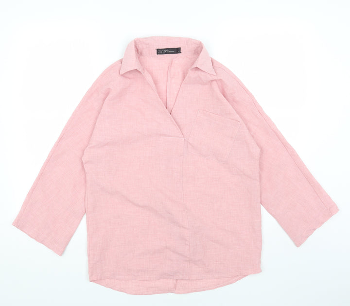 Zanzea Womens Pink Polyester Basic T-Shirt Size S Collared