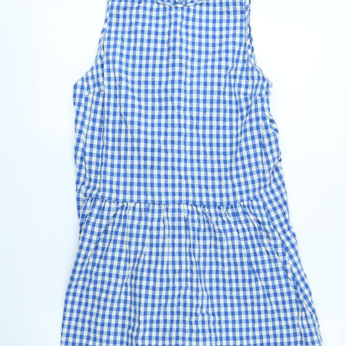 Zara Womens Blue Check Cotton Shift Size 14 Boat Neck Buckle