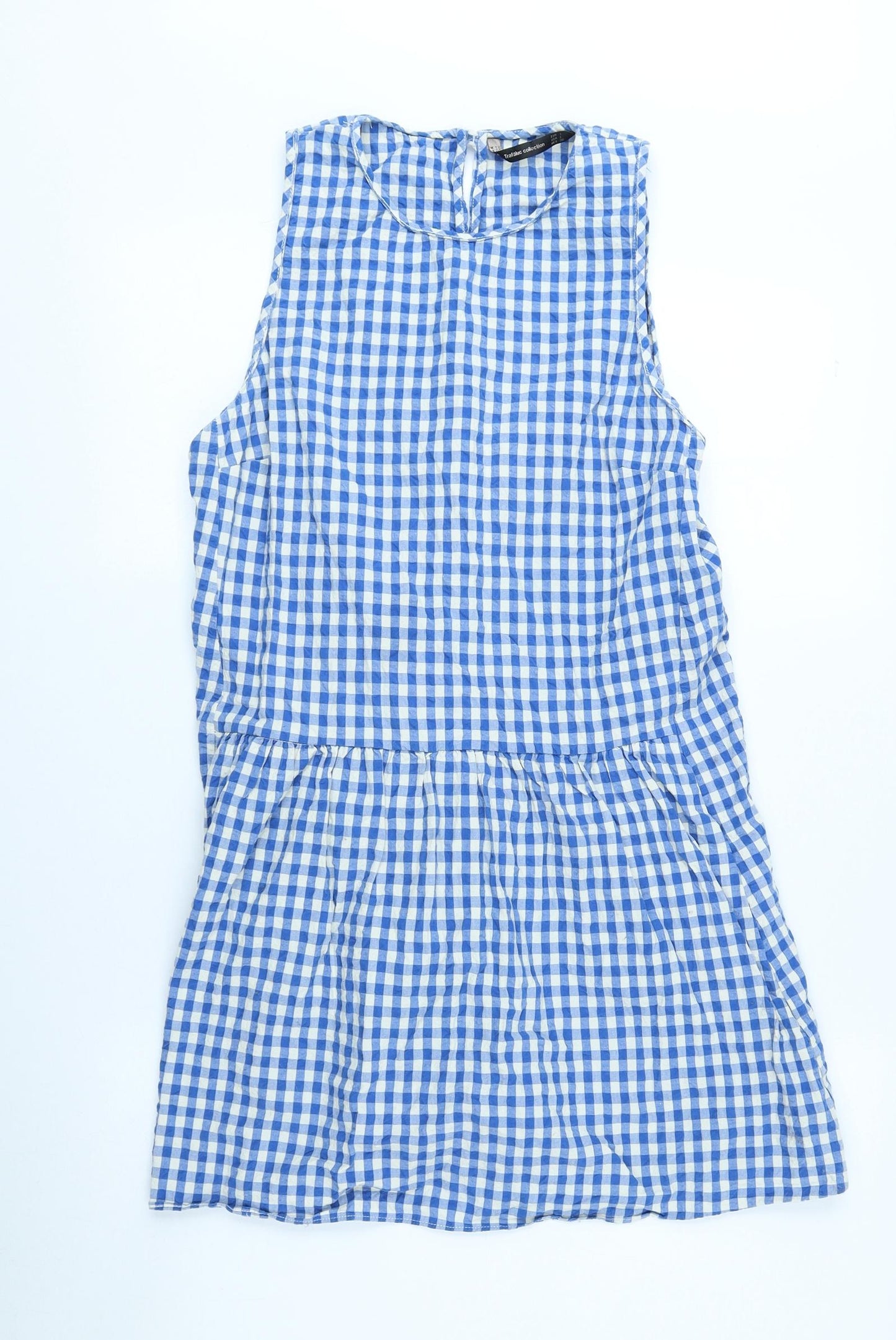 Zara Womens Blue Check Cotton Shift Size 14 Boat Neck Buckle