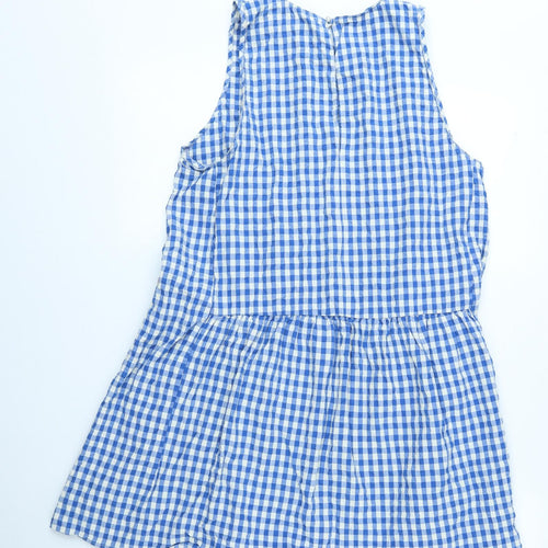 Zara Womens Blue Check Cotton Shift Size 14 Boat Neck Buckle