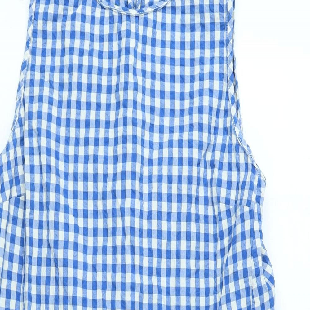 Zara Womens Blue Check Cotton Shift Size 14 Boat Neck Buckle
