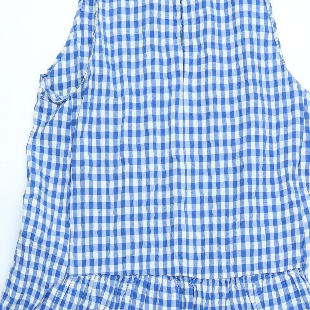 Zara Womens Blue Check Cotton Shift Size 14 Boat Neck Buckle