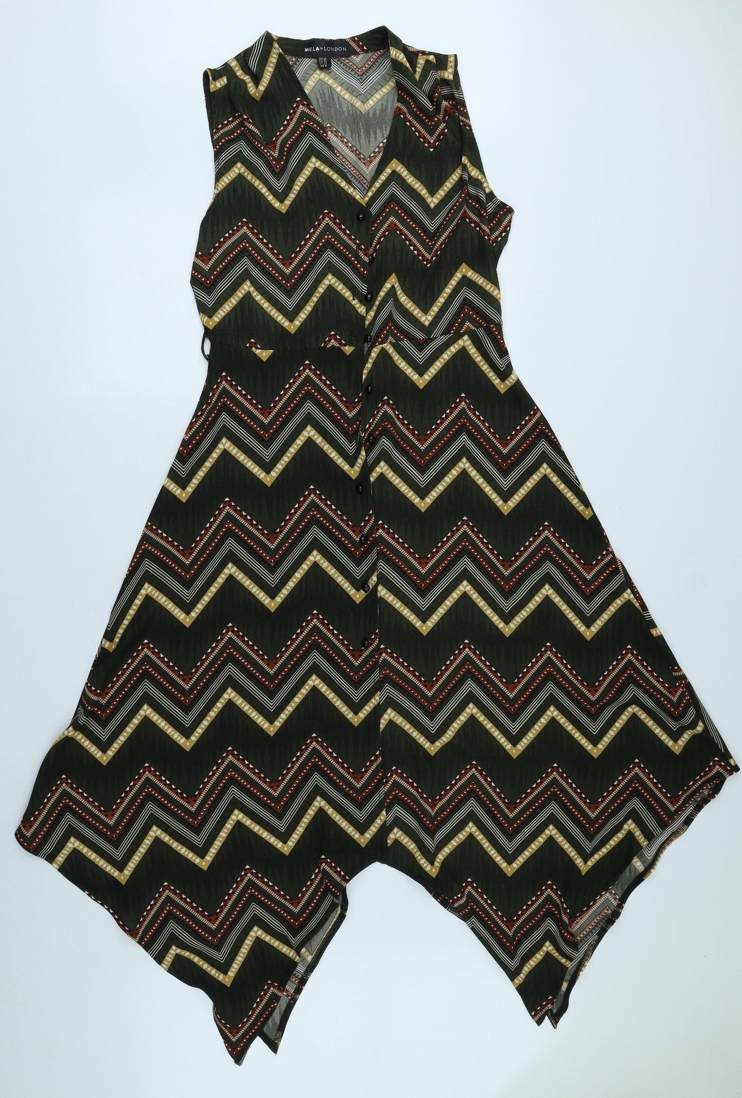 Mela London Womens Green Geometric Polyester Fit & Flare Size 10 V-Neck Button