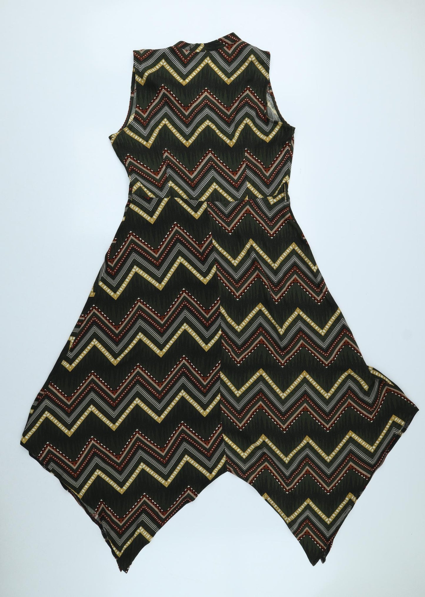 Mela London Womens Green Geometric Polyester Fit & Flare Size 10 V-Neck Button