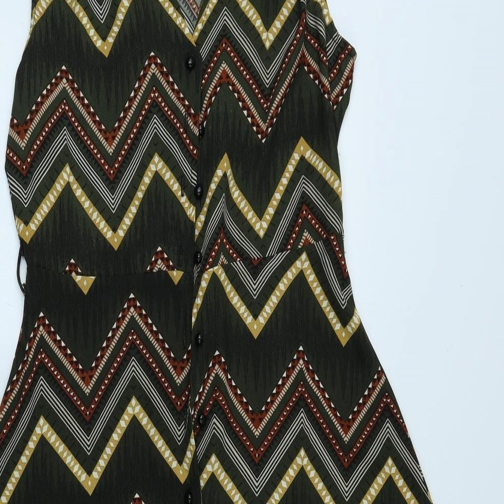 Mela London Womens Green Geometric Polyester Fit & Flare Size 10 V-Neck Button