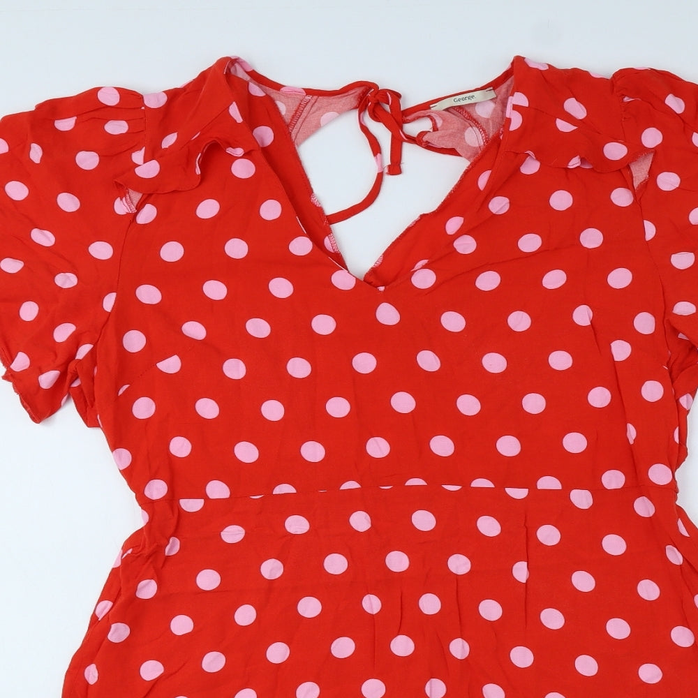 George Womens Red Polka Dot Viscose A-Line Size 18 V-Neck Tie
