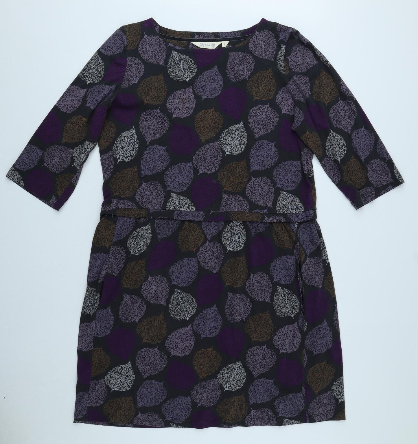 Lily & Me Womens Purple Geometric Cotton Sheath Size 18 Boat Neck Pullover - Leaf Print