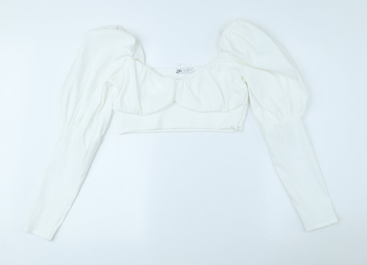 Zara Womens White Polyester Cropped Blouse Size L Sweetheart - Balloon Sleeve