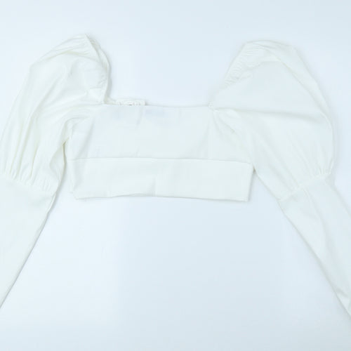 Zara Womens White Polyester Cropped Blouse Size L Sweetheart - Balloon Sleeve