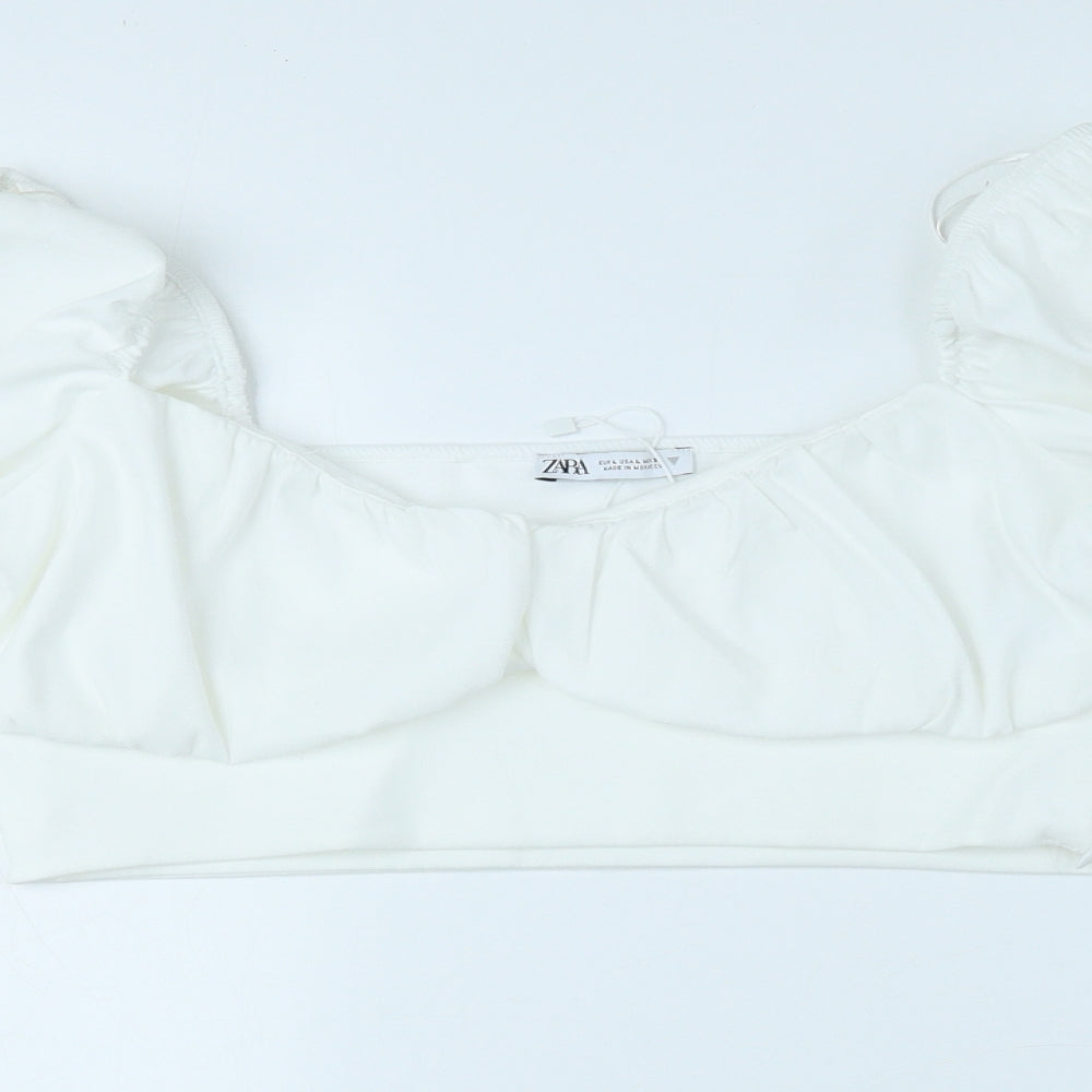 Zara Womens White Polyester Cropped Blouse Size L Sweetheart - Balloon Sleeve