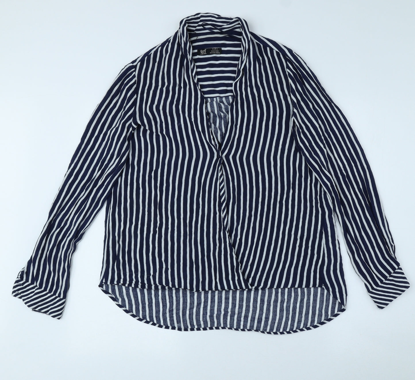 Zara Womens Blue Striped Viscose Basic Button-Up Size 8 V-Neck
