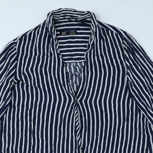 Zara Womens Blue Striped Viscose Basic Button-Up Size 8 V-Neck