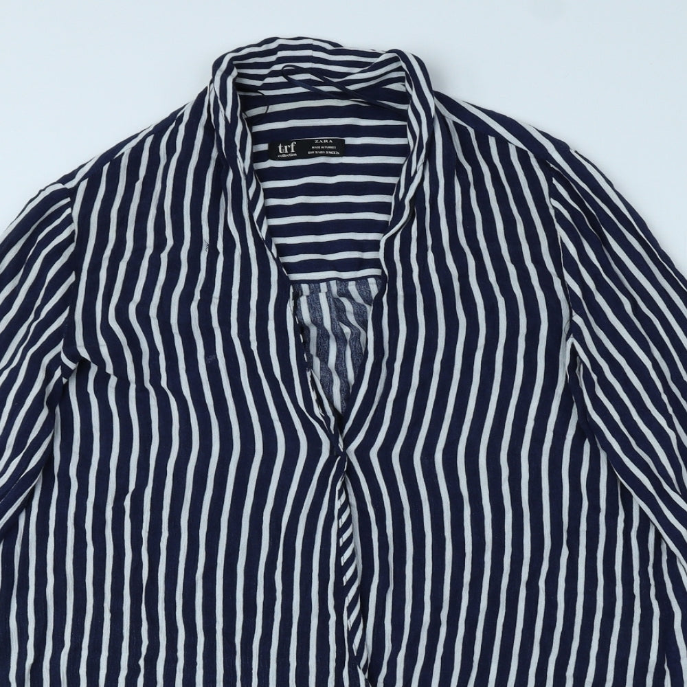 Zara Womens Blue Striped Viscose Basic Button-Up Size 8 V-Neck