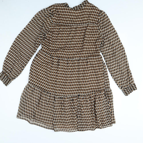 MNG Womens Brown Geometric Polyester Fit & Flare Size 8 Mock Neck Button