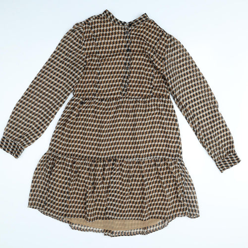 MNG Womens Brown Geometric Polyester Fit & Flare Size 8 Mock Neck Button