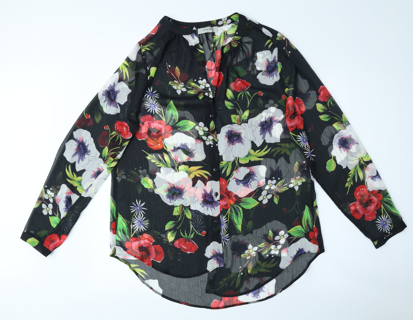 Soon Womens Black Floral Polyester Basic Button-Up Size 14 V-Neck