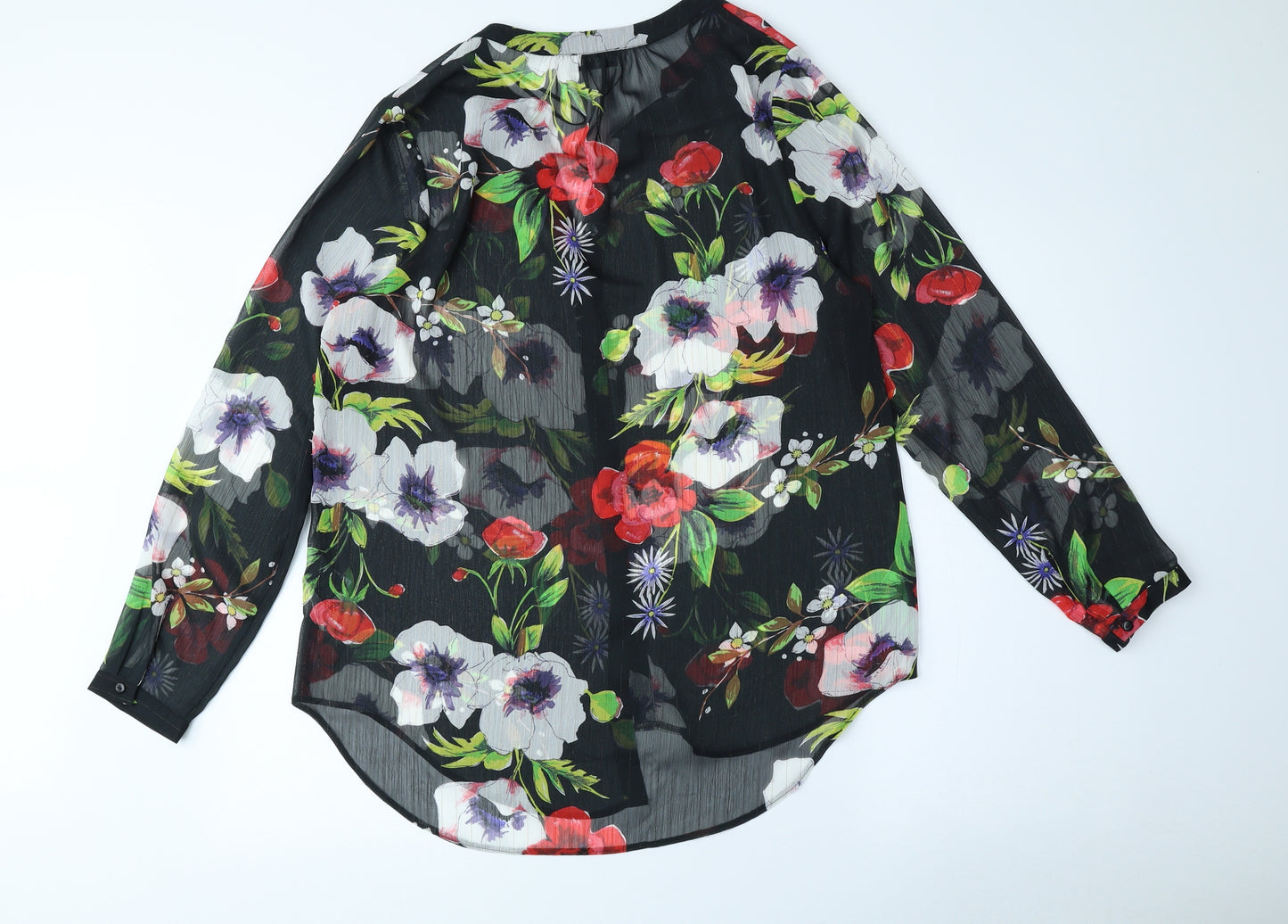 Soon Womens Black Floral Polyester Basic Button-Up Size 14 V-Neck