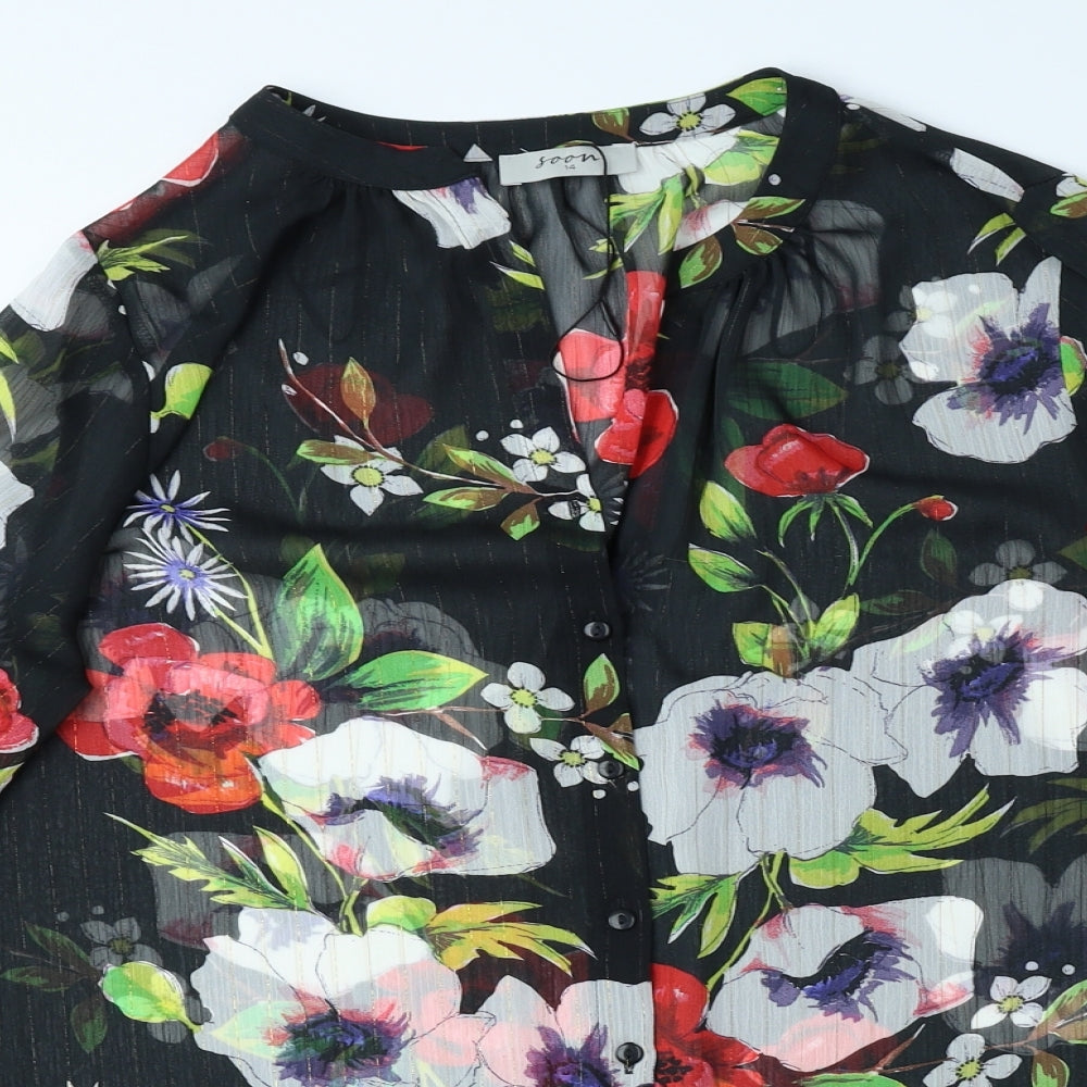 Soon Womens Black Floral Polyester Basic Button-Up Size 14 V-Neck