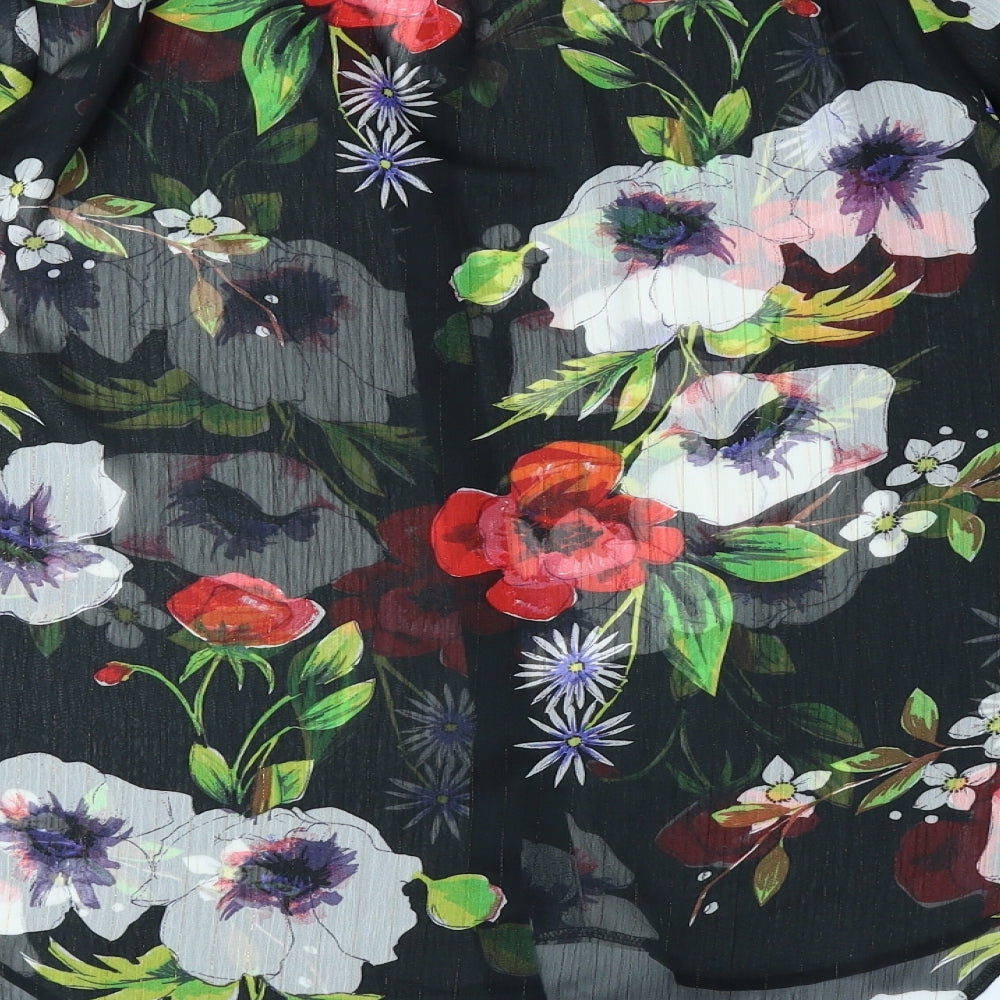 Soon Womens Black Floral Polyester Basic Button-Up Size 14 V-Neck