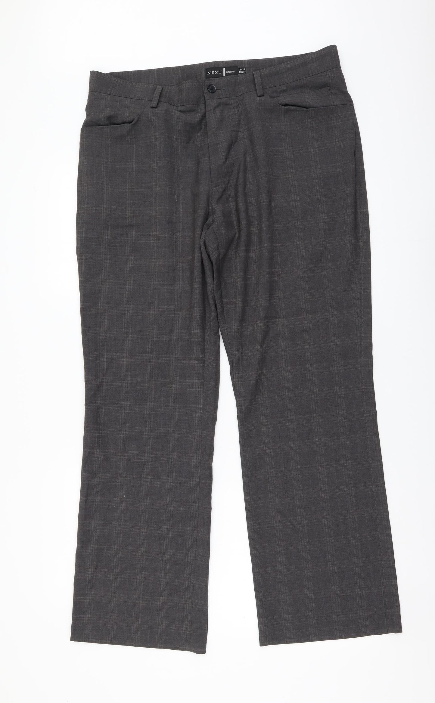 NEXT Mens Grey Plaid Wool Trousers Size 34 in L29 in Regular Button
