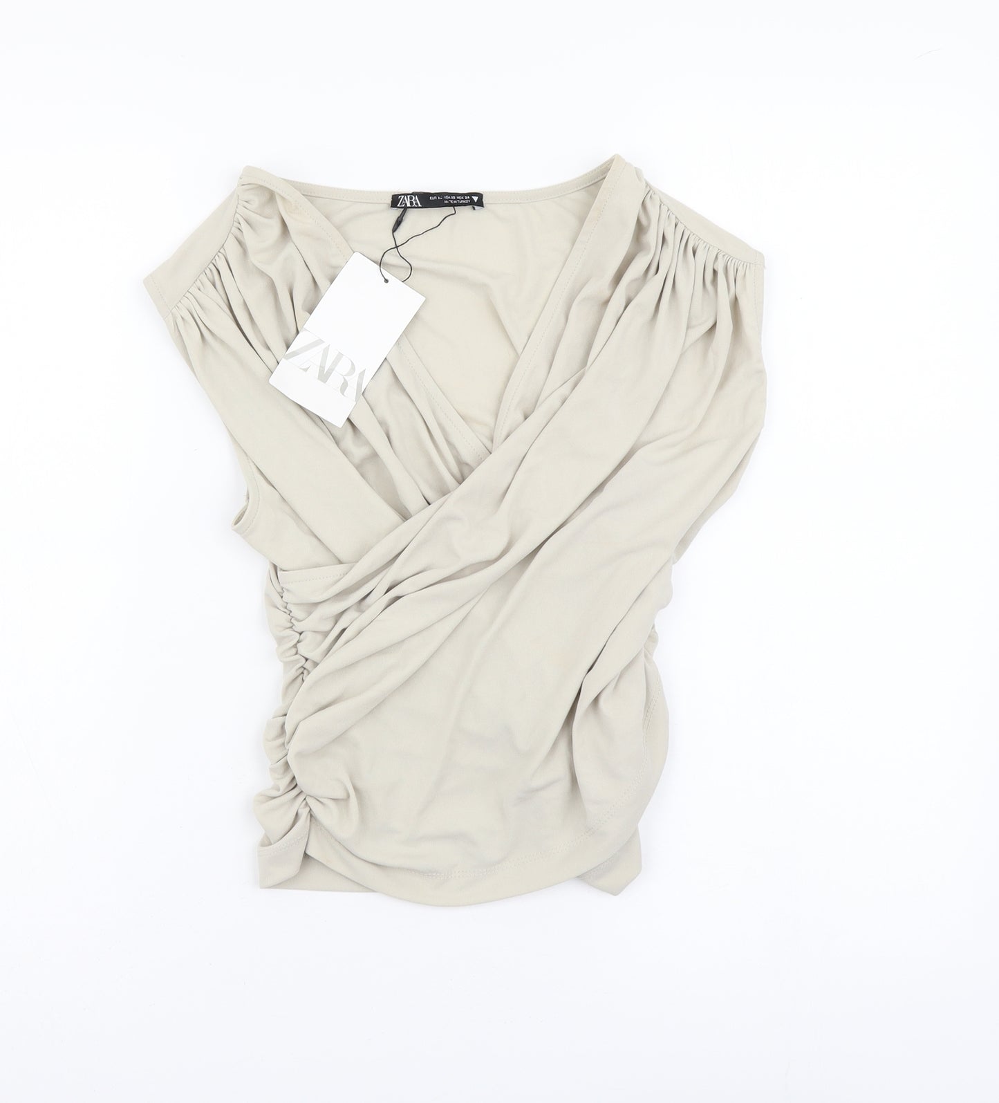 Zara Womens Beige Polyester Basic Blouse Size XS V-Neck - Ruched Detail