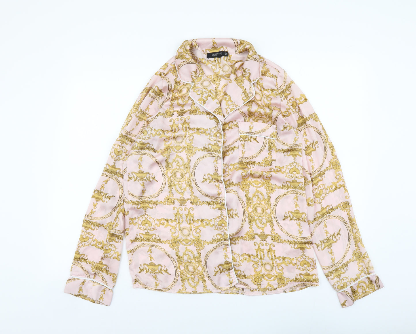 Missguided Womens Pink Geometric Polyester Basic Button-Up Size 8 Collared