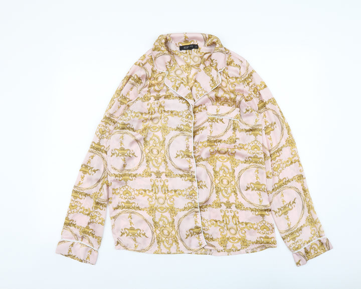 Missguided Womens Pink Geometric Polyester Basic Button-Up Size 8 Collared