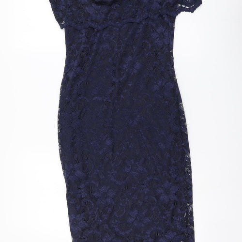 Preworn Womens Blue Floral Polyester Bodycon Size 12 Off the Shoulder Pullover