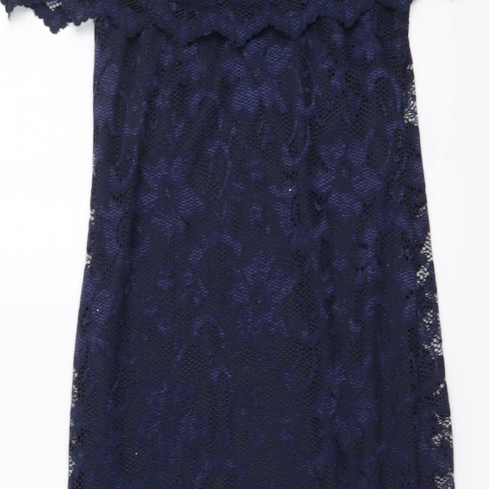 Preworn Womens Blue Floral Polyester Bodycon Size 12 Off the Shoulder Pullover