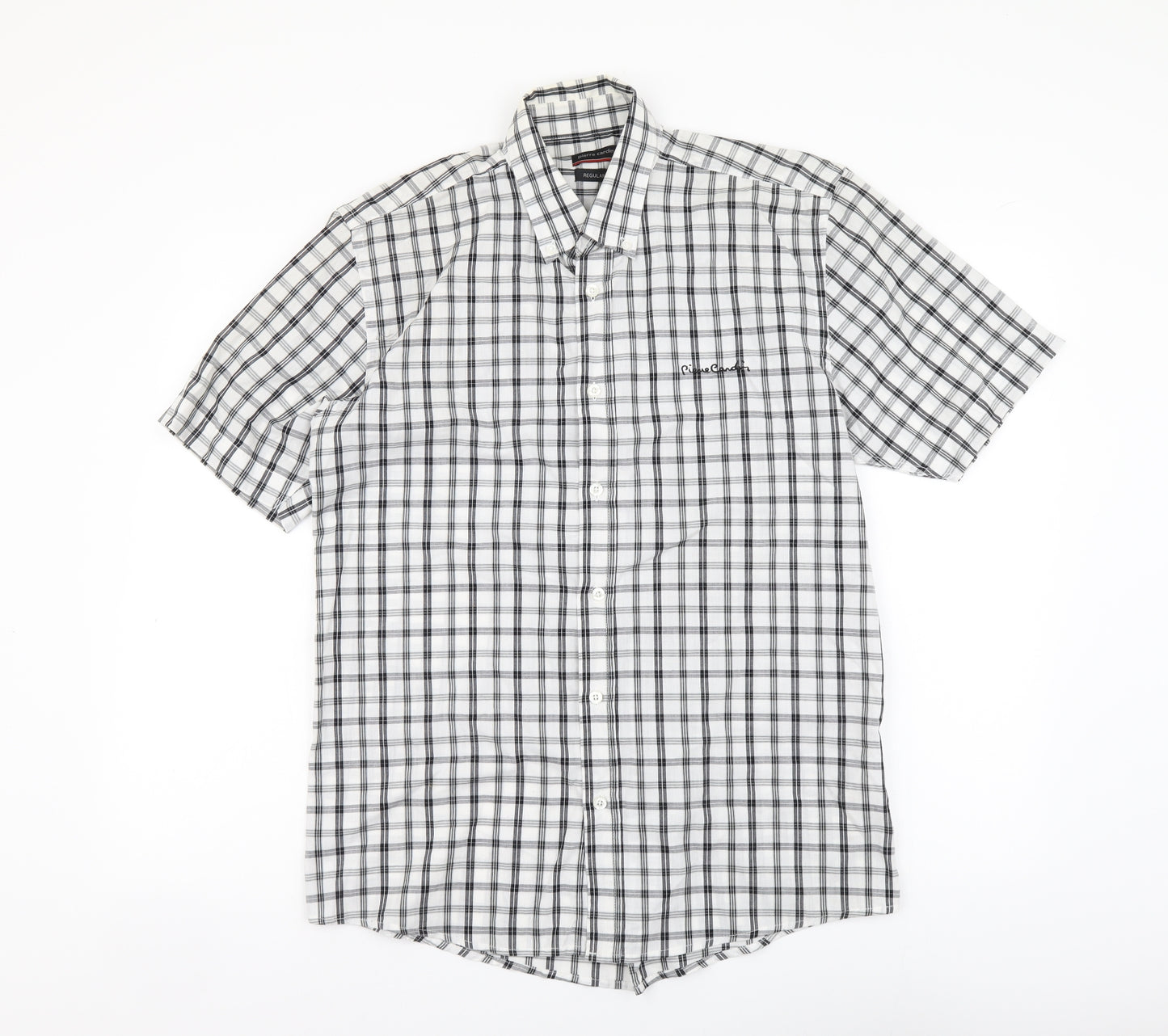 Pierre Cardin Mens Black Check Polyester Button-Up Size M Collared Button