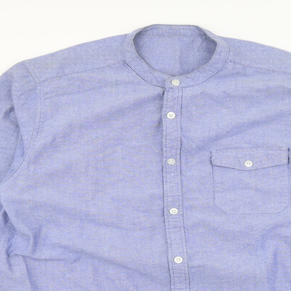 Primark Mens Blue Cotton Button-Up Size L Round Neck Button