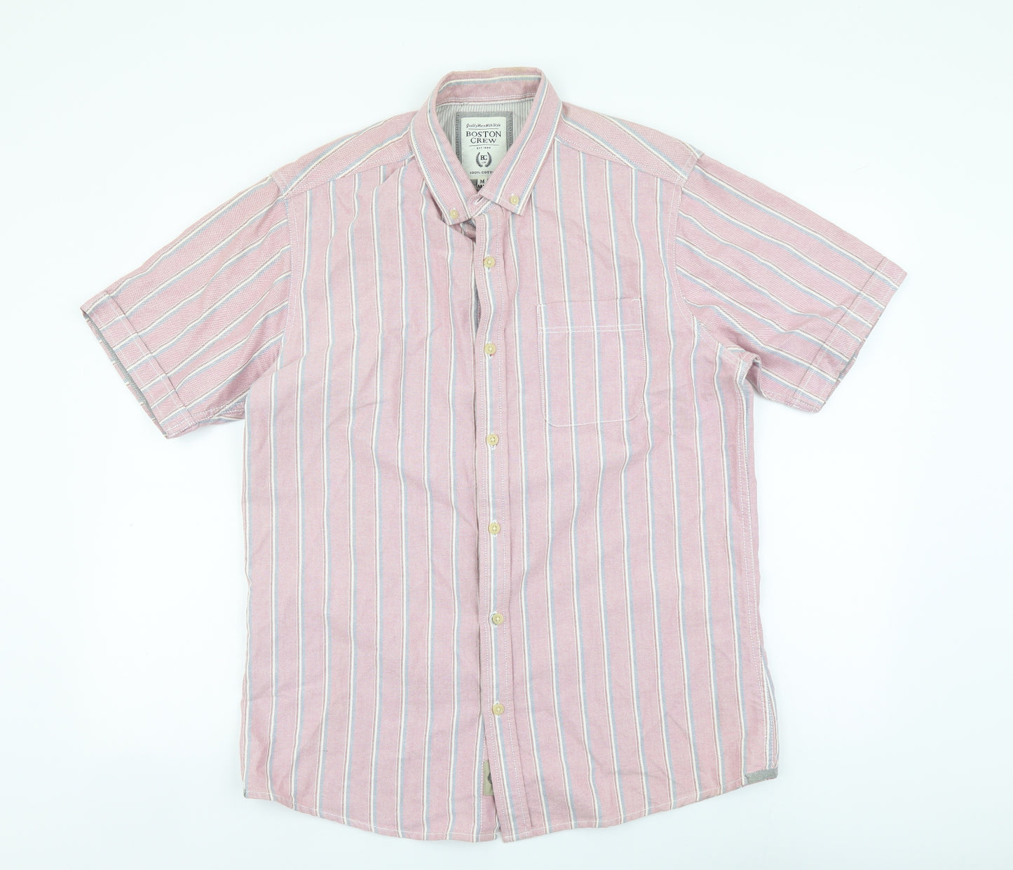 Boston Crew Mens Pink Striped Cotton Button-Up Size M Collared Button