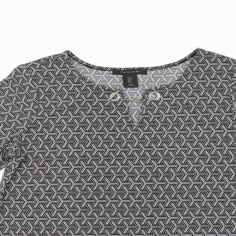 Tahari Womens Black Geometric Polyester Basic T-Shirt Size S Round Neck