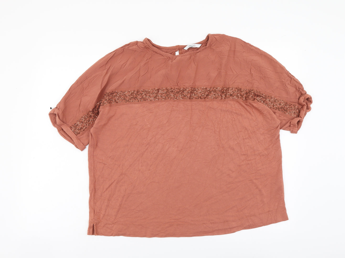 NEXT Womens Brown Viscose Basic Blouse Size 14 Round Neck