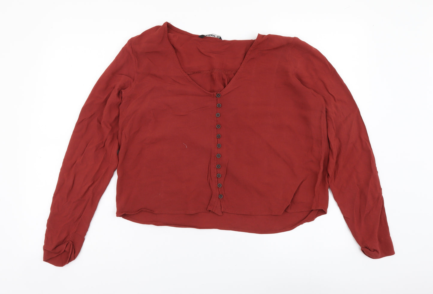 Stradivarius Womens Brown Polyester Basic Blouse Size L V-Neck