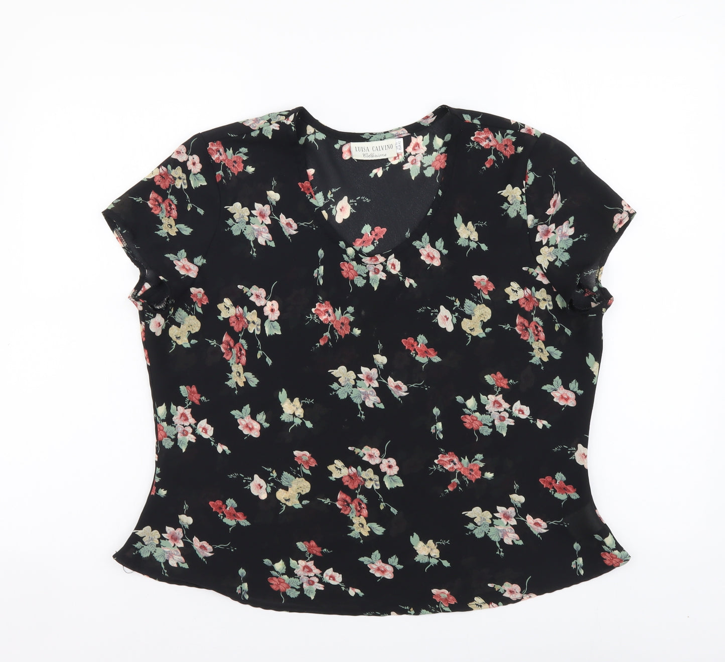 Luisa Calvino Womens Black Floral Polyester Basic Blouse Size 14 Scoop Neck