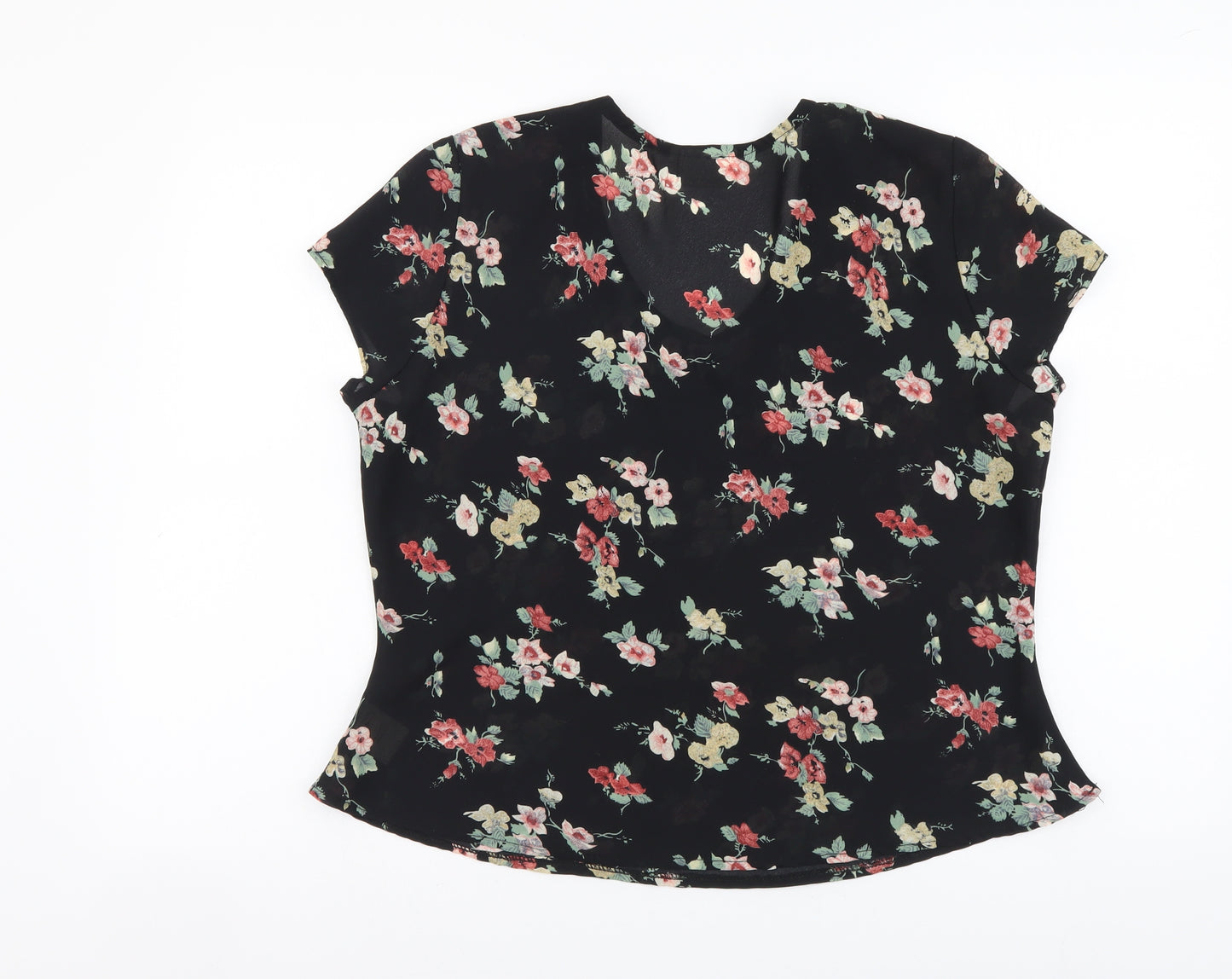 Luisa Calvino Womens Black Floral Polyester Basic Blouse Size 14 Scoop Neck