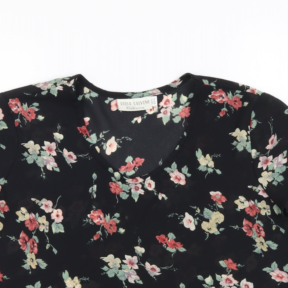Luisa Calvino Womens Black Floral Polyester Basic Blouse Size 14 Scoop Neck