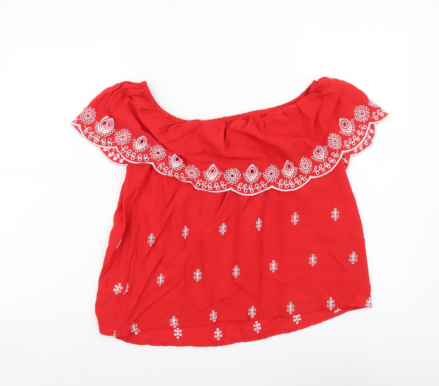 Select Womens Red Geometric Viscose Basic Blouse Size 12 Off the Shoulder