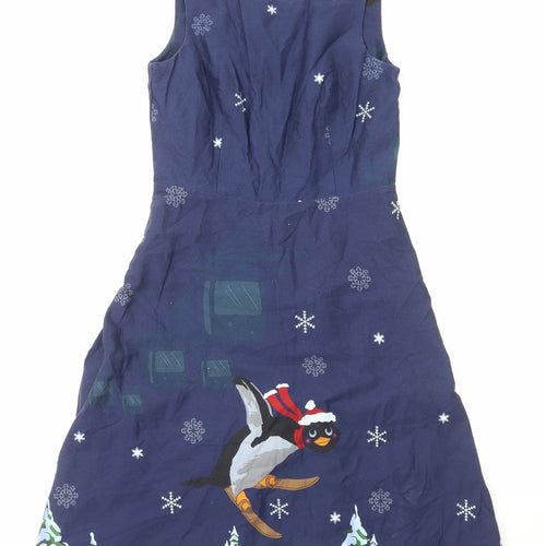 Joe Browns Womens Blue Geometric Cotton Fit & Flare Size 10 Scoop Neck Zip - Christmas Penguin Snowflakes